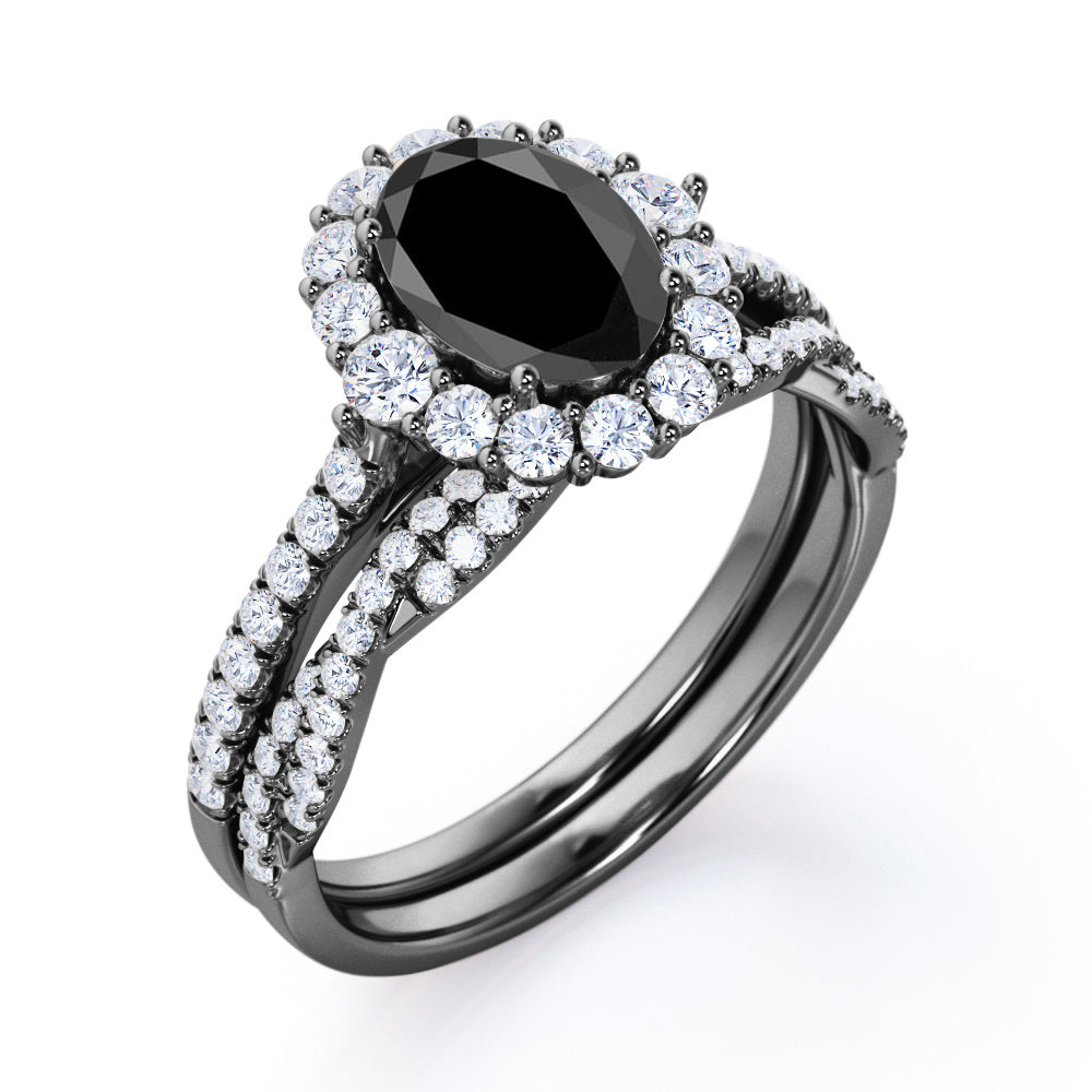 2 carat oval cut Black Diamond halo bridal set in white gold