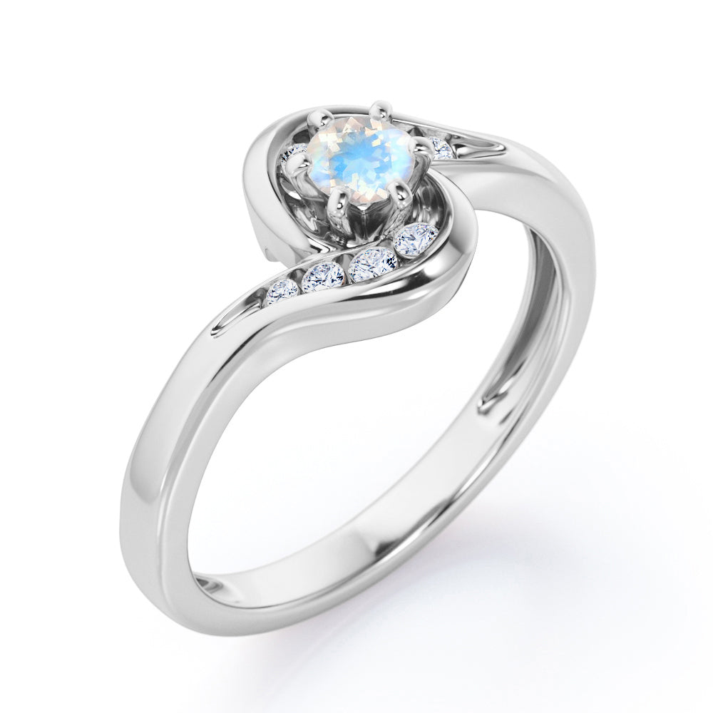 Whirly Gemstone 0.55 carat Round Moonstone and Moissanites Artistic Engagement Ring in White Gold