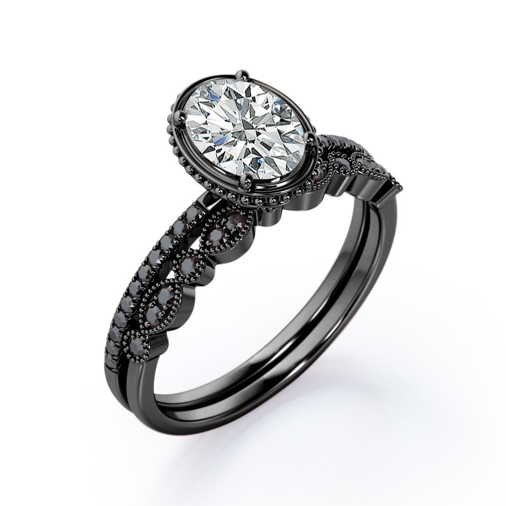 Prong Milgrain Bezel - 1.65 TCW Oval Shaped Moissanite with Lab Created Black Diamond - Pave Filigree Bridal Set in Black Gold