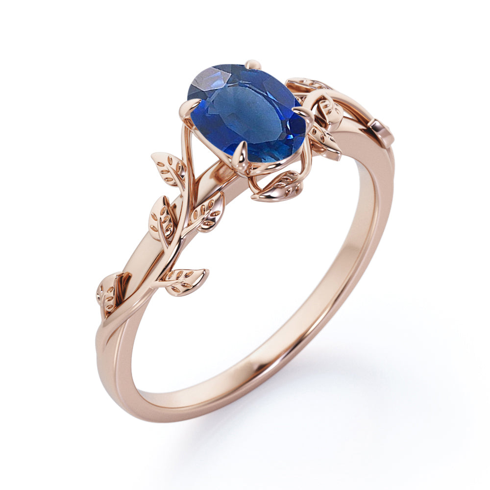 1 carat Oval Cut Lab-created Sapphire Leaf Vine Engagement ring in White Gold