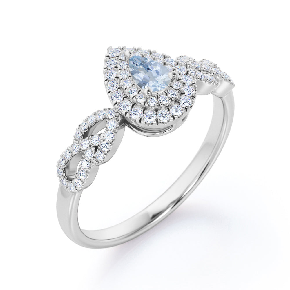 1.5 Carat Pear Cut Aquamarine And Diamond Double Halo Engagement Ring In White Gold