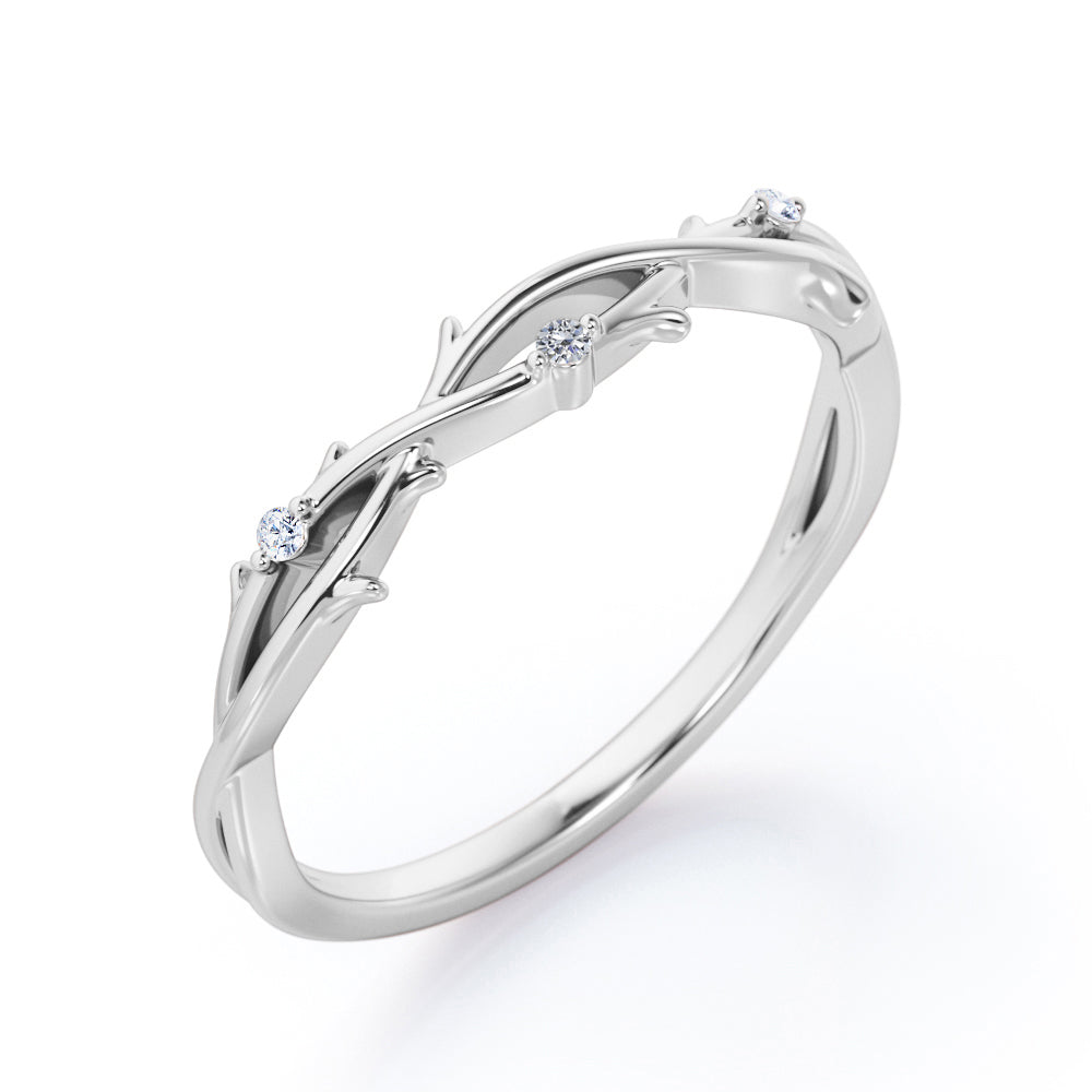 3-Stone Crossover Twig - 0.10 TCW Round Shape Moissanite- Inspired by Nature Wedding Band - Rose Gold