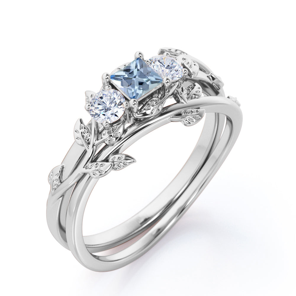 1 Carat Princess Cut Aquamarine And Diamond Leaf And Vine Wedding Ring Set In White Gold