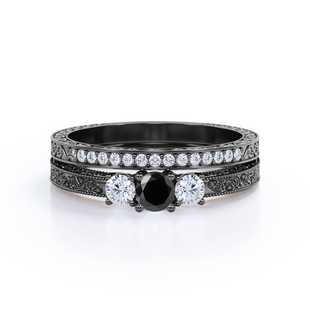 1.25 carat round cut  Black Diamond three stone wedding ring set in white gold