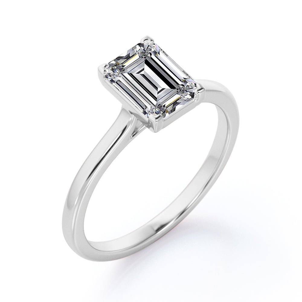 Minimalist - 1 Carat Cubic Zirconia Emerald Cut - Solitaire Prong Set Right Hand Ring - 18K White Gold Plating over Silver