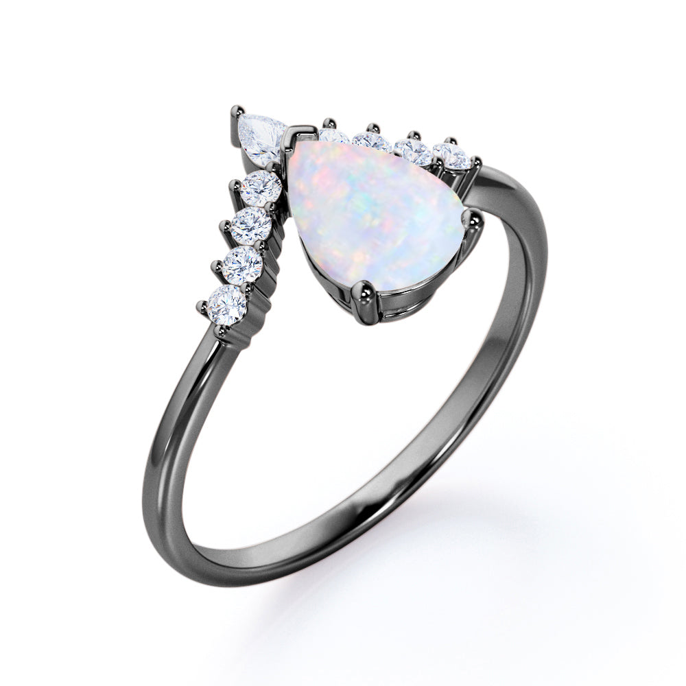 Modern 1.25 Carat Pear Cut White Opal And Diamond V Shaped Style Engagement Ring For Women In White Gold