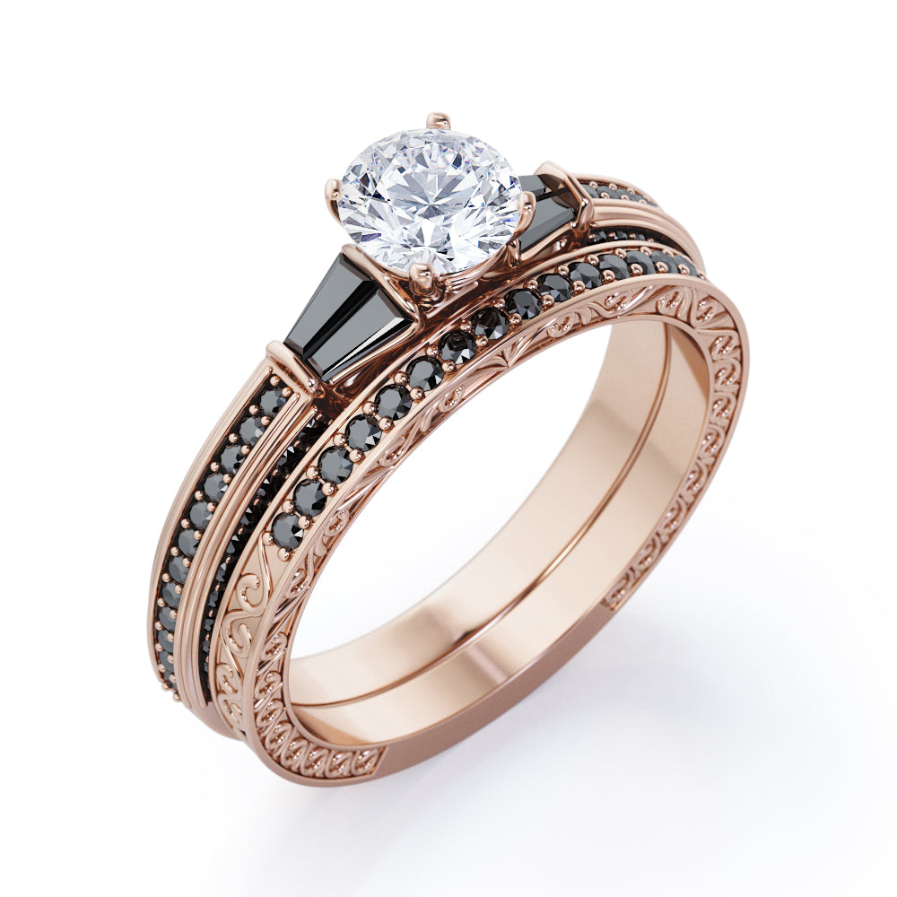 Art Deco 5-Stone 1.55 TCW Round Shape Moissanite with Lab Created Black Diamond Triple Pave-Channel Wedding Set in Rose Gold