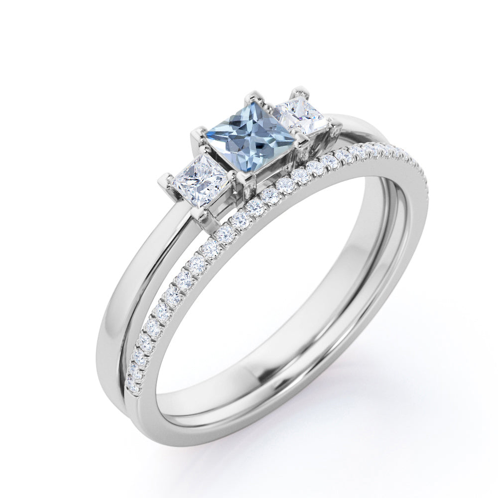 1.10 Carat Princess Cut Aquamarine And Diamond Three Stone Wedding Ring Set In White Gold