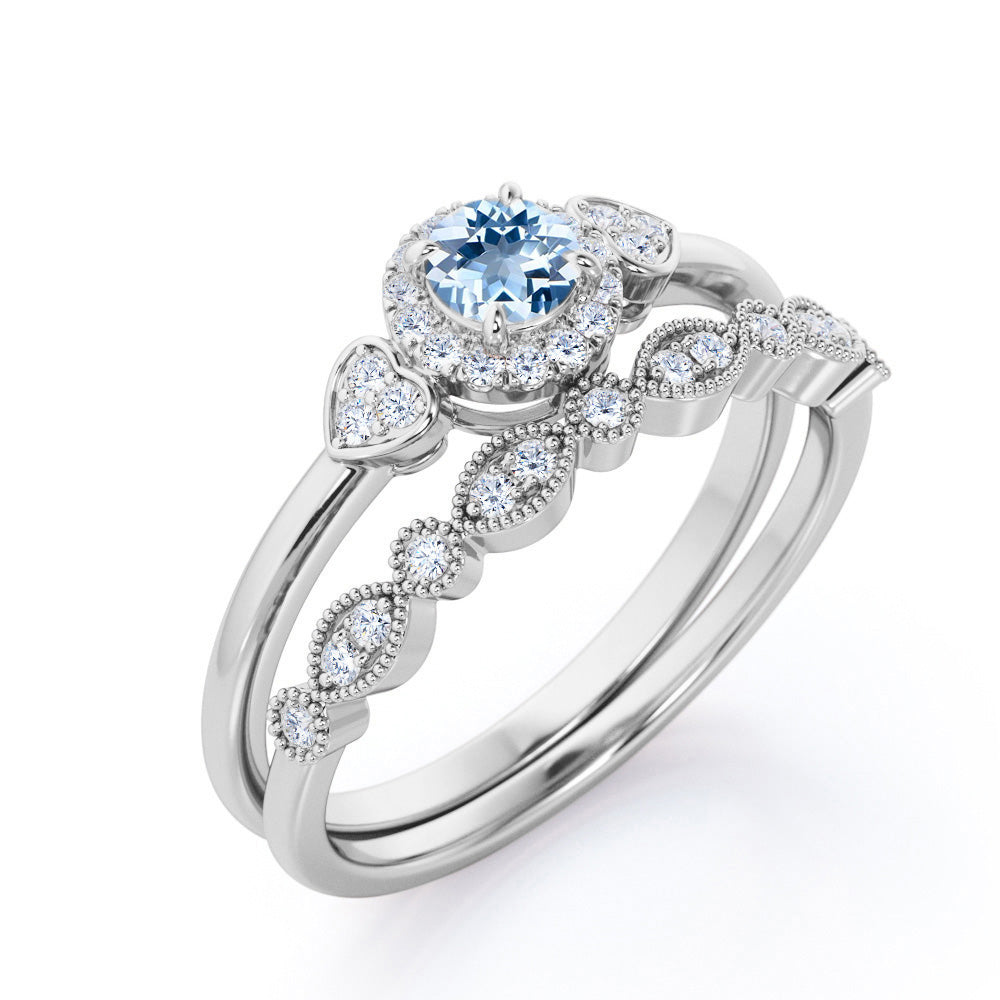 1.20 Carat Round Cut Aquamarine And Diamond Halo Wedding Ring Set In White Gold