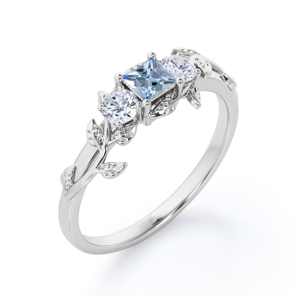 1 Carat Princess Cut Aquamarine And Diamond Leaf Art Deco Engagement Ring In White Gold