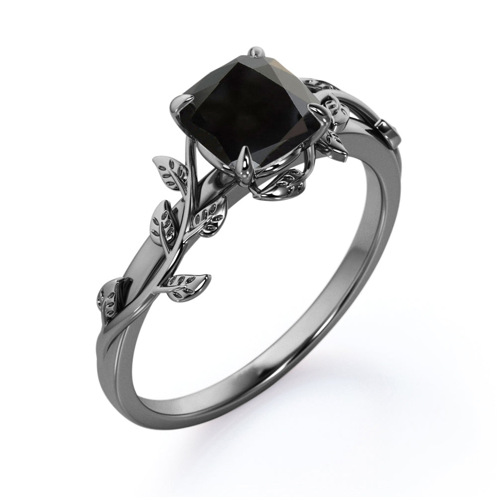 Nature inspired 1 carat cushion cut Black Diamond vintage leaf style engagement ring in white gold