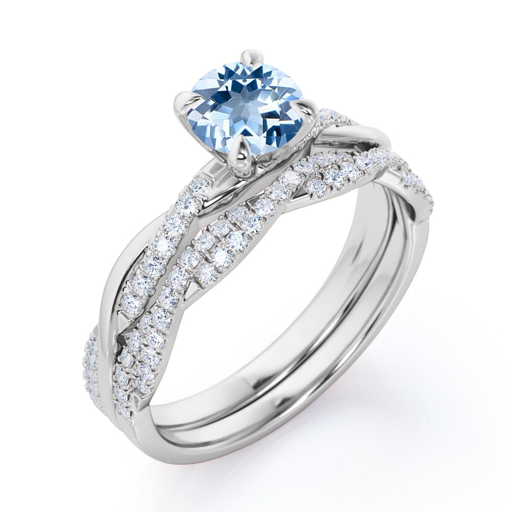 1.40 Carat Round Cut Aquamarine And Diamond Twisted Wedding Ring Set In White Gold