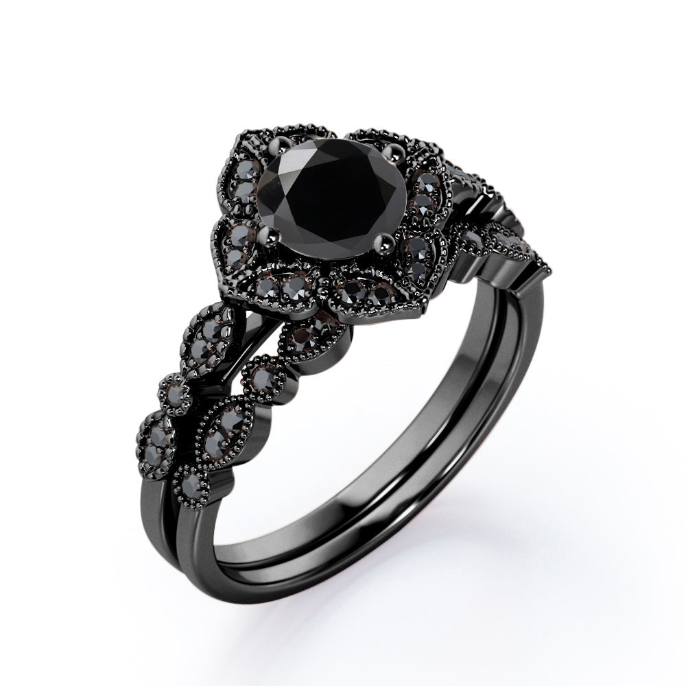 Milgrain Floral Cluster - 1.75 TCW Round Cut Lab Created Black Diamond - Filigree Bridal Ring Set in White Gold