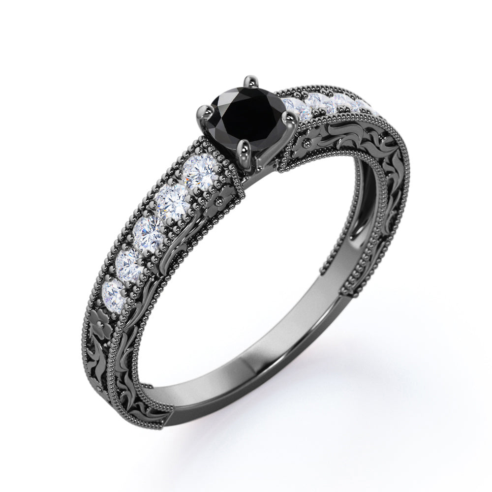 0.6 Carat Round Cut Lab Grown Black Diamond Antique Engagement Ring In White Gold