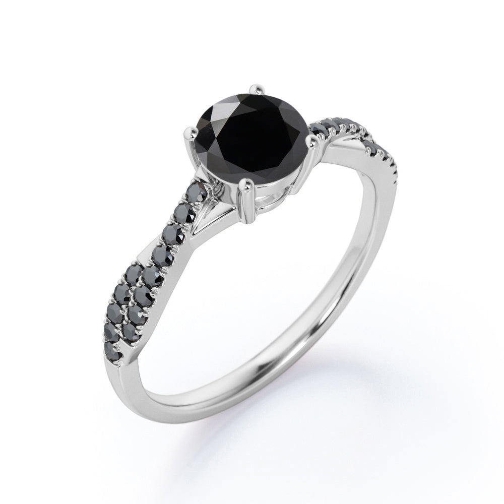 Basket Cathedral - 1.45 TCW Round Shape Lab Created Black Diamond - Crossover Pave Engagement Ring in White Gold