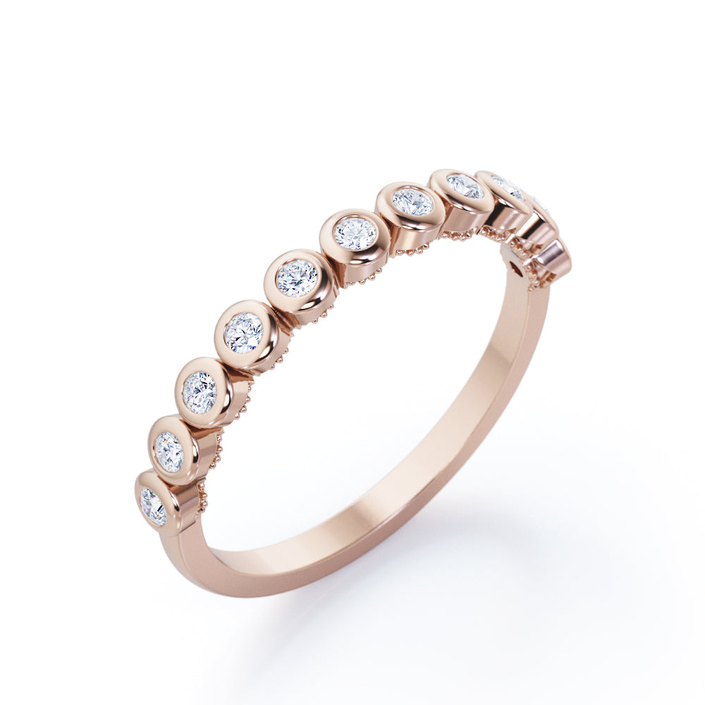 Multi-Bezel Set - 0.15 TCW Round Shaped Diamond - Semi Eternity Stackable Ring - 10K White Gold