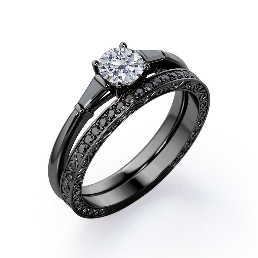 Three-Stone Prong 1.35 TCW Round Cut Moissanite with Lab Created Black Diamond Lattice Bridal Ring Set in White Gold