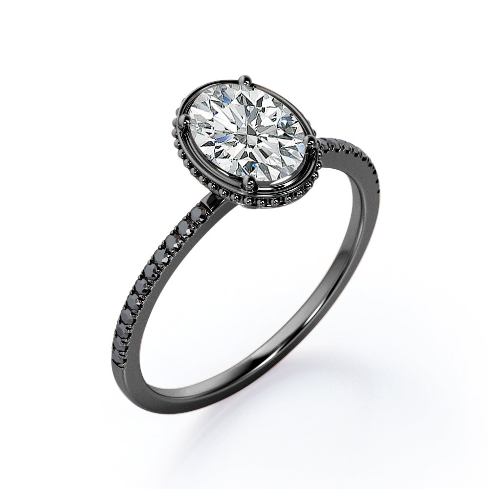 Milgrain Bezel Prong 1.5 TCW Oval Cut Moissanite with Lab Created Black Diamond Pave Style Engagement Ring in Rose Gold