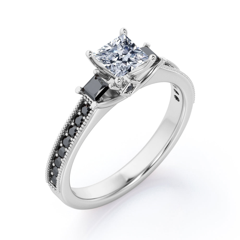 Trilogy Cathedral Prong - 0.5 TCW Princess Cut Diamond with Lab Created Black Diamond - Milgrain Pave Channel Engagement Ring - 10K White Gold