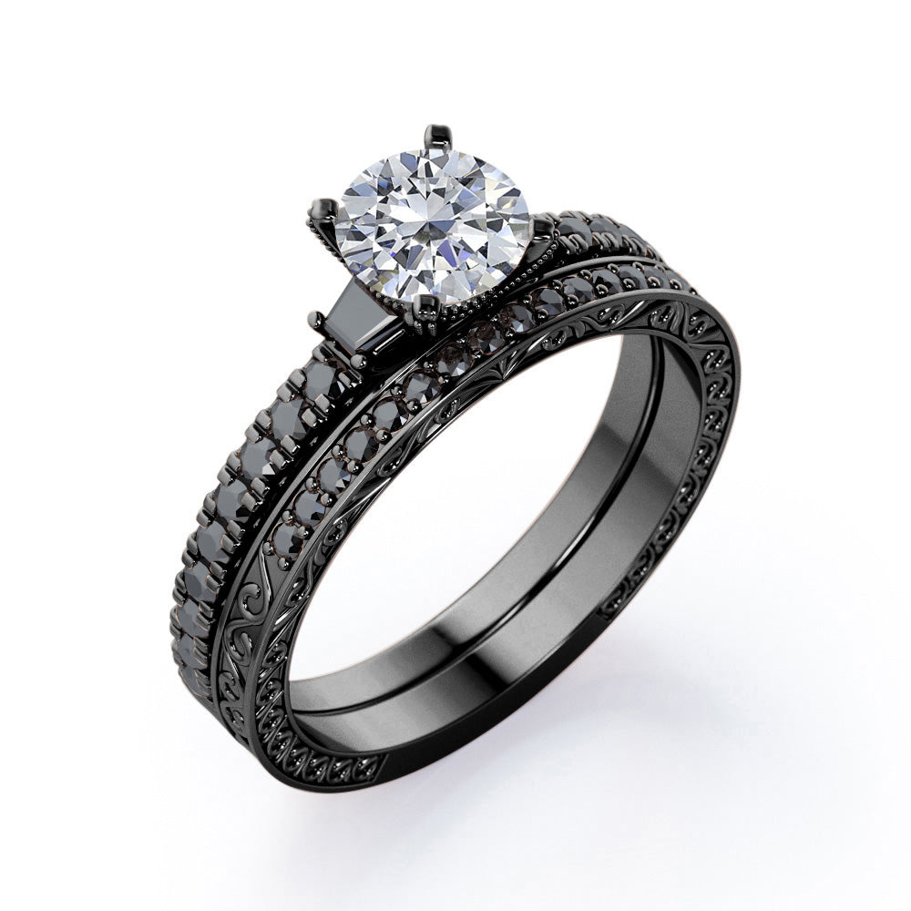 Art Deco Milgrain-Pronged 0.65 TCW Round Brilliant Cut Diamond with Lab Created Black Diamond Pave Bridal Ring Set in 10K White Gold