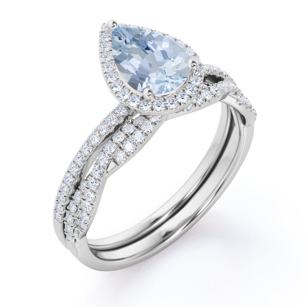 1.65 Carat Pear Cut Aquamarine And Diamond Halo Wedding Ring Set In White Gold