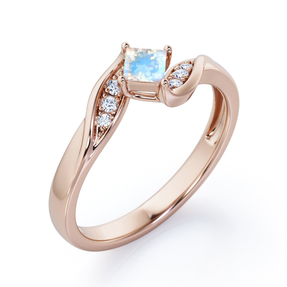 Twisted 7 Stone Ring - 0.55 carat Princess Moonstone and Moissanite Elegant Engagement Ring in Rose Gold