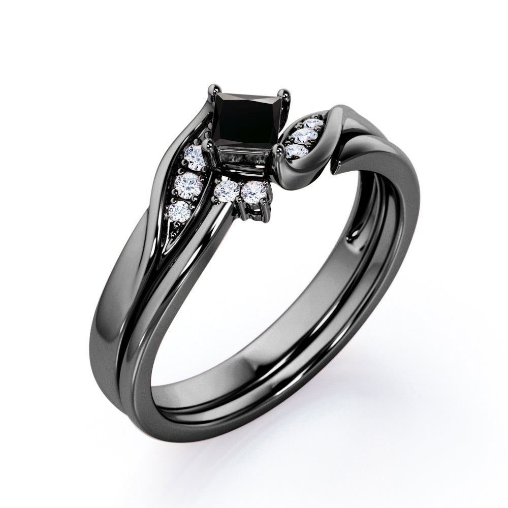 Petite Pave-Channel - 0.55 TCW Rhombus Princess Cut Black Diamond - Prong Tensioned Wedding Ring Set -  White Gold