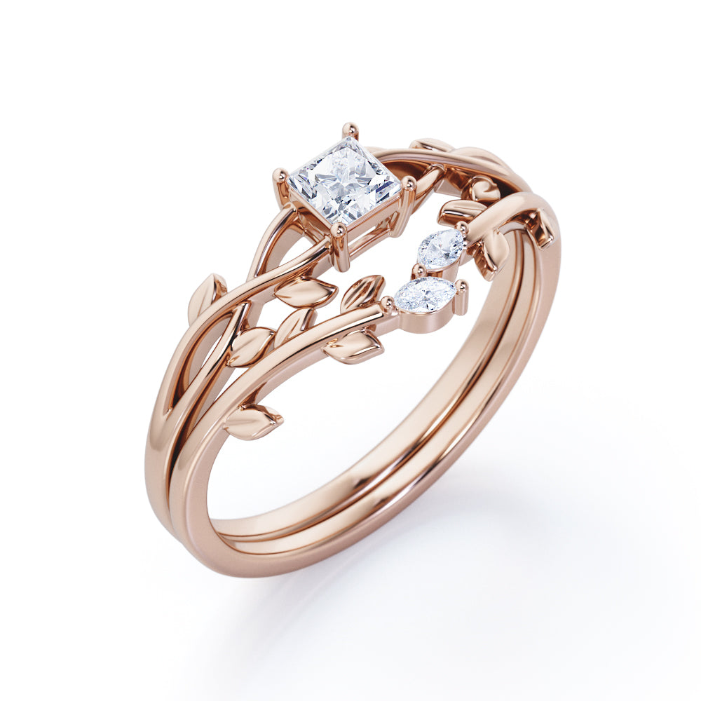 Nature-Inspired 0.35 TCW Princess Cut Diamond Branch Leaves Bridal Ring Set in White Gold