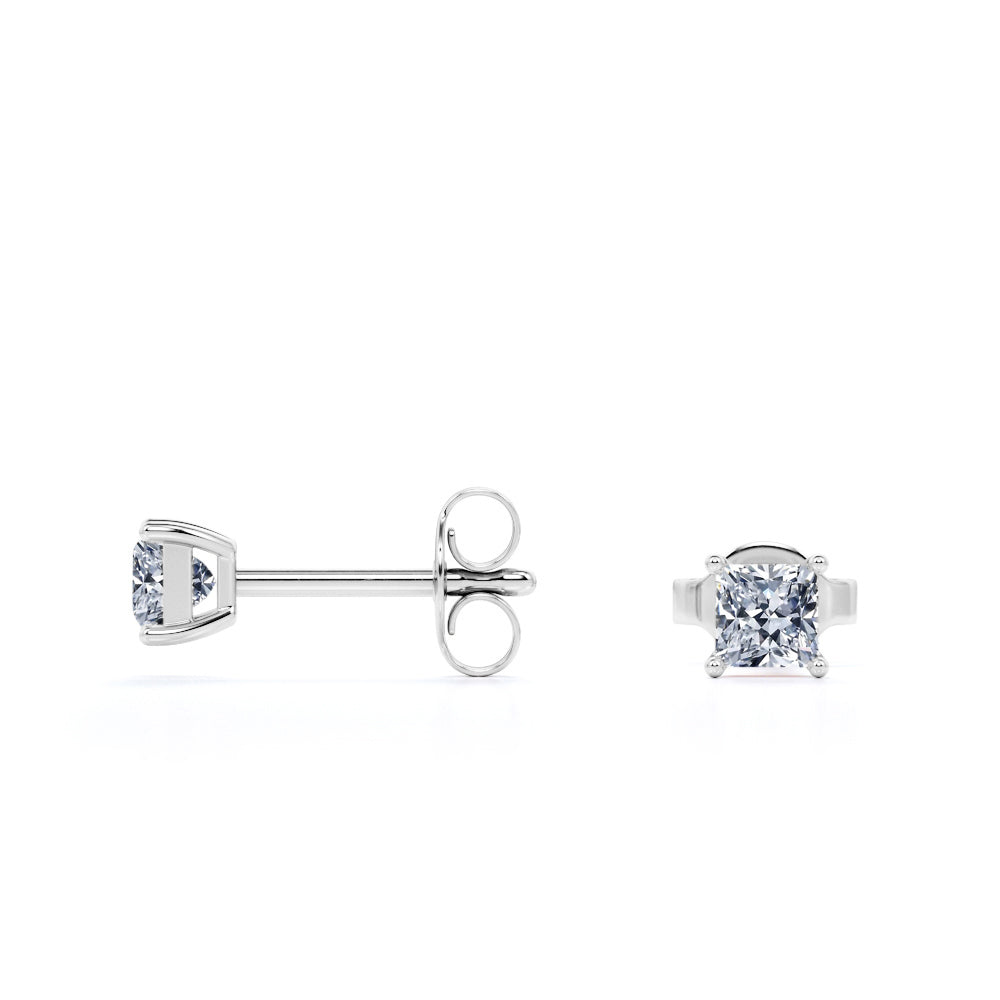 4 Prong - 0.33 Carat Princess Cut Diamond - Solitaire Stud Earrings - 18K White Gold Plating Over Silver