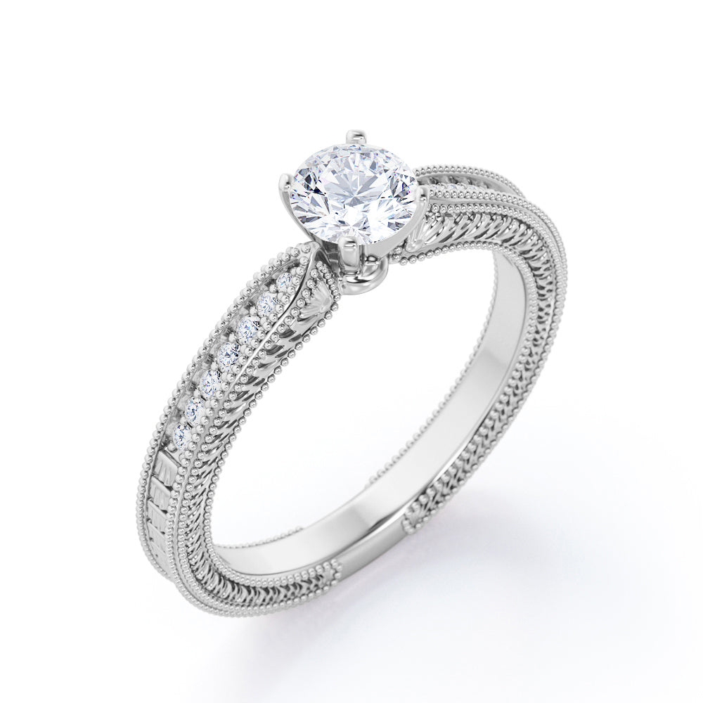 Art Deco Pave Channel 0.35 TCW Round Shaped Diamond Edwardian Style Engagement Ring in 10K White Gold