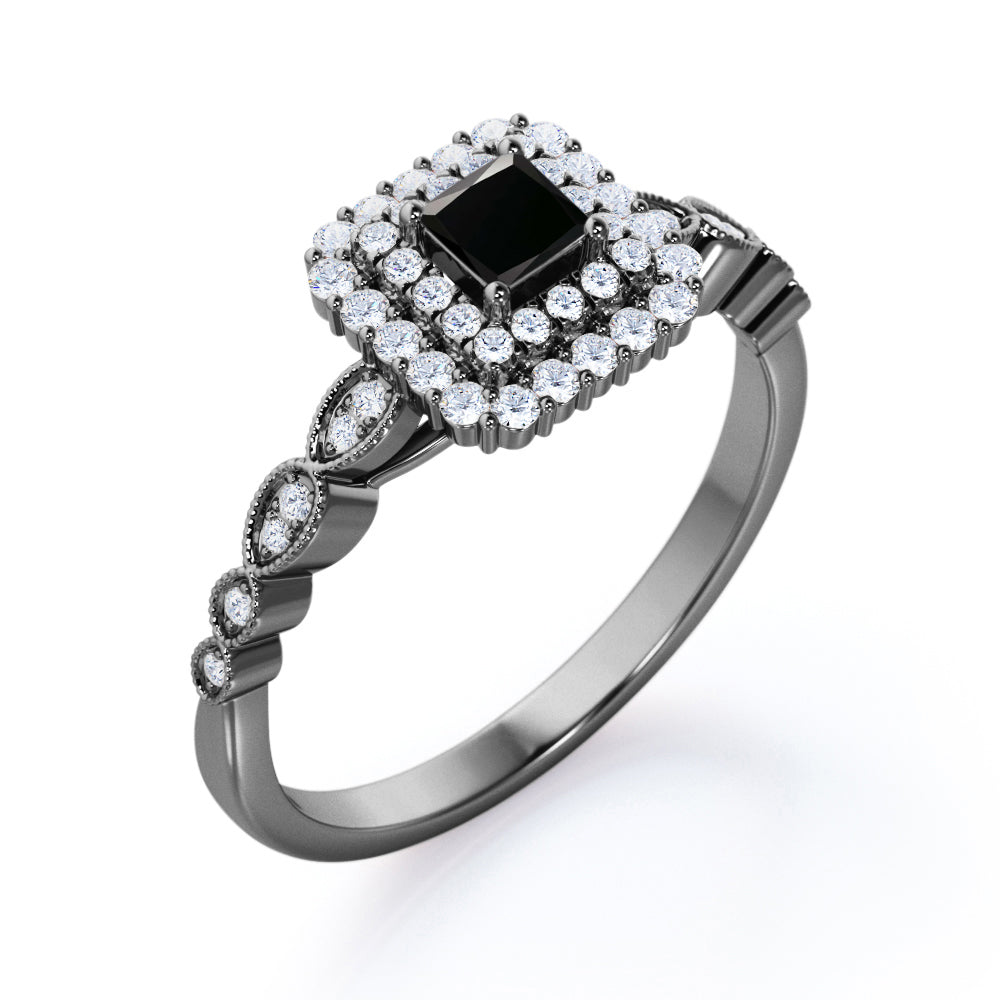 1.5 Carat Princess Cut Lab Grown Black Diamond Double Halo Cluster Engagement Ring In White Gold