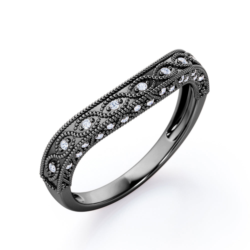 Art Deco Milgrain Decorated 0.15 TCW Round Shaped Moissanite Curved Wedding Band in Black Gold