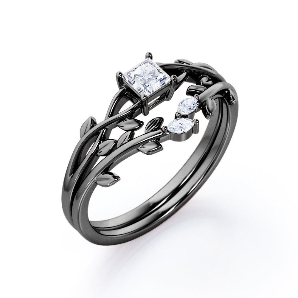 Nature-Inspired 0.35 TCW Princess Cut Diamond Branch Leaves Bridal Ring Set in White Gold