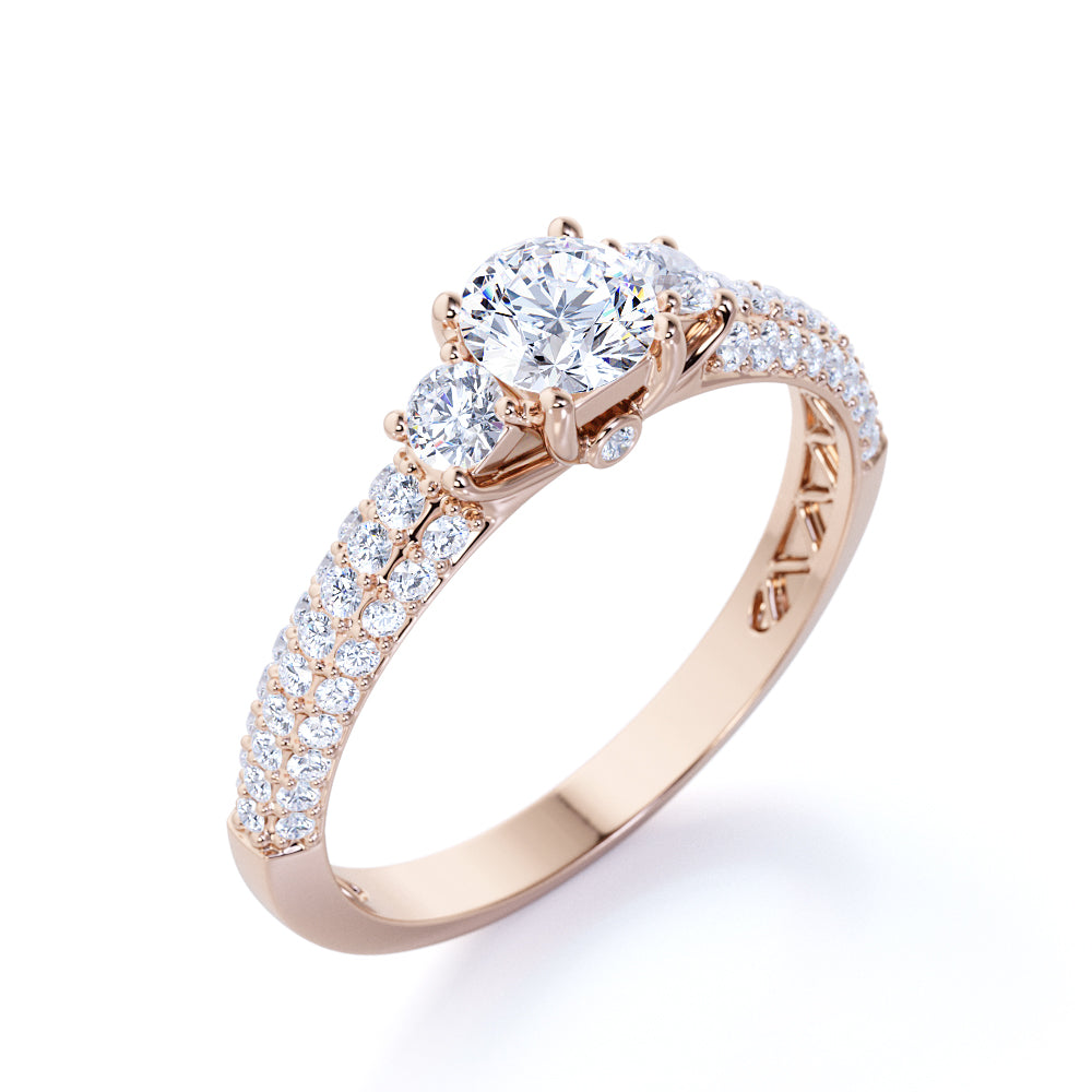 Stunning 1 Carat - Round Real 3 Stone Diamond Ring - Vintage Style - Micro Pave - Engagement Ring - 10K White Gold