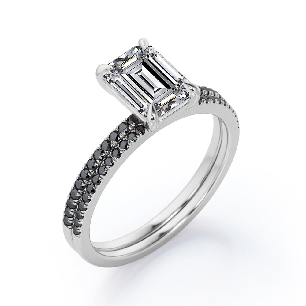 4-Prong Setting 1.65 TCW Emerald Cut Moissanite with Lab Created Black Diamond Wedding Set with Pave Accents in White Gold