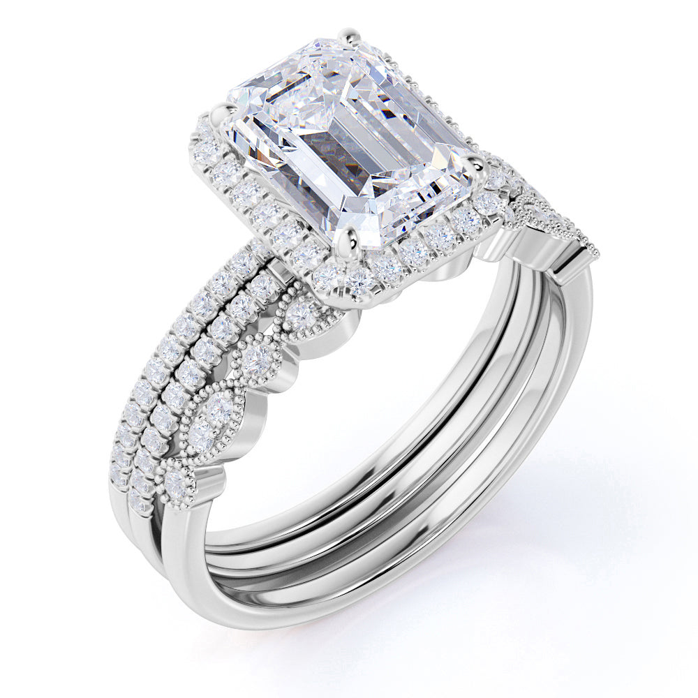 Stunning 1.5 carat Real Moissanite Wedding Trio Ring Set with Engagement Ring and 2 Wedding Bands in 18k Gold Over Silver