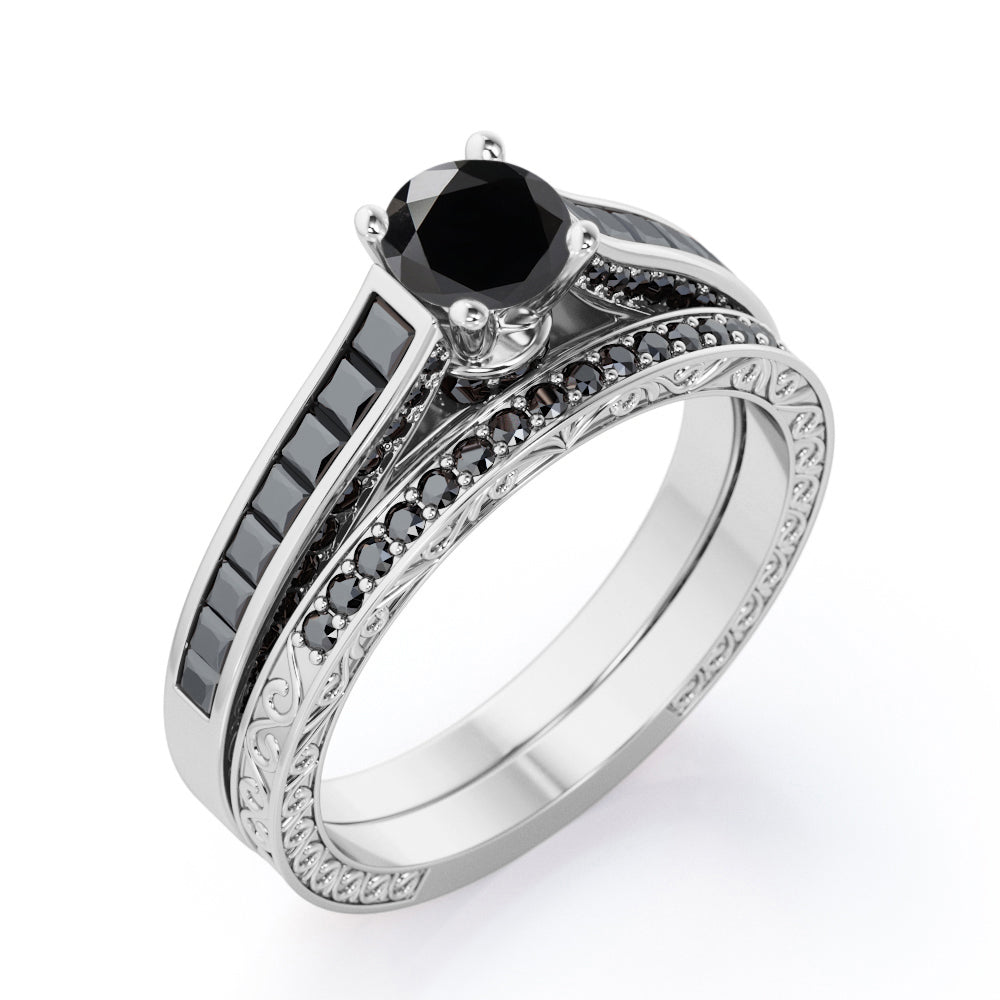 Art Deco Cathedral 1.55 TCW Round Shape Lab Created Black Diamond Pave and Channel Wedding Set in White Gold