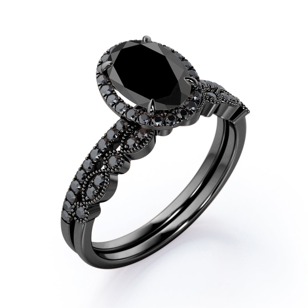 1.65 TCW Oval Cut Lab Created Black Diamond - Milgrain Filigree - Scalloped Pave Bridal Ring Set in White Gold