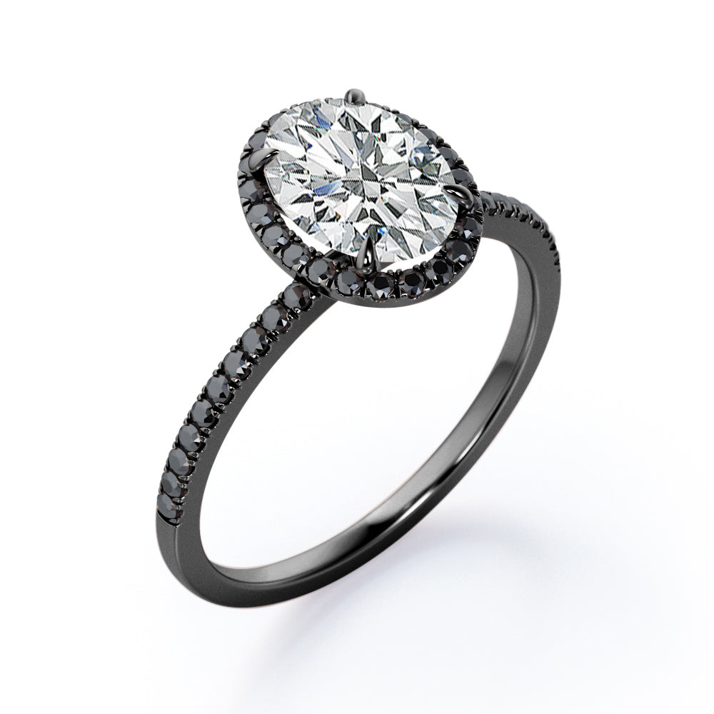 North-South Halo - 1.5 TCW Oval Shape Moissanite with Lab Created Black Diamond - Pave Design Engagement Ring in Rose Gold