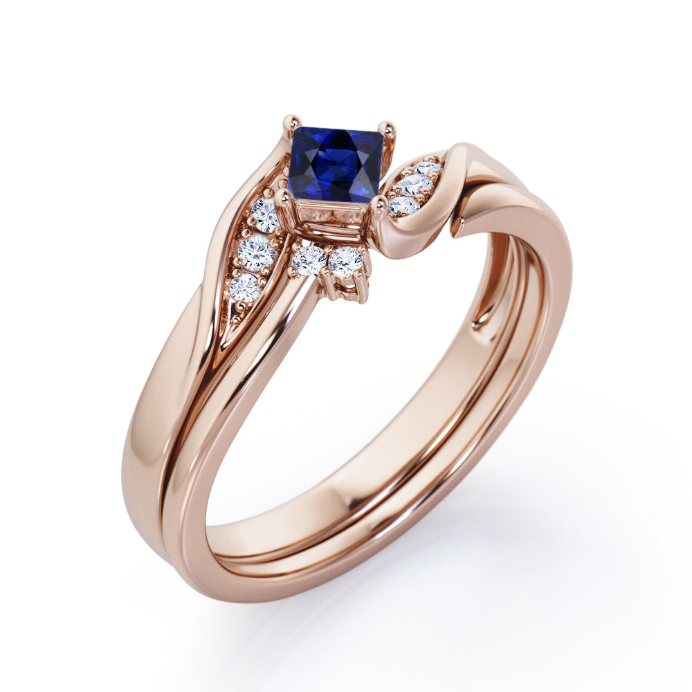 Petite Pave-Channel - 0.55 TCW Rhombus Princess Cut Blue Sapphire and Moissanite - Prong Tensioned Wedding Ring Set -  Rose Gold