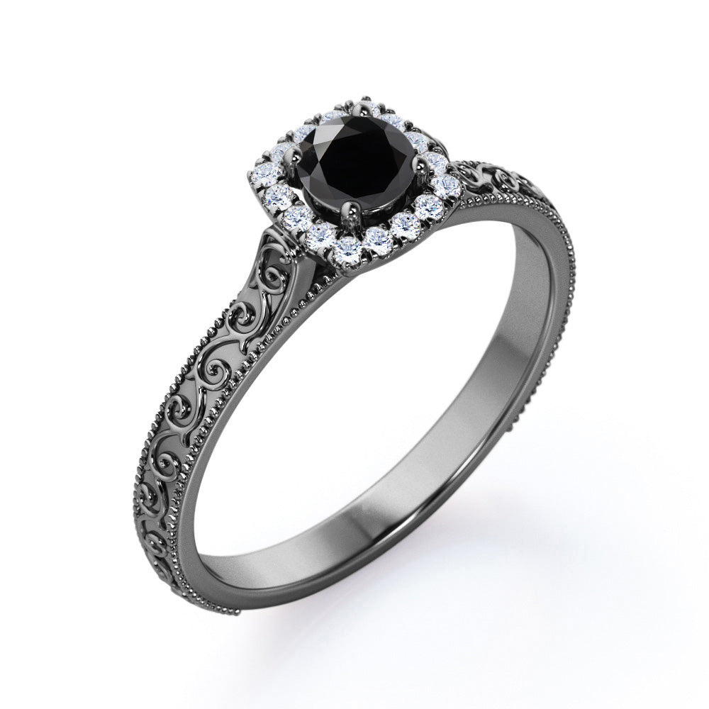 1.15 Carat Round Cut Lab Grown Black Diamond Art Deco Engagement Ring In White Gold