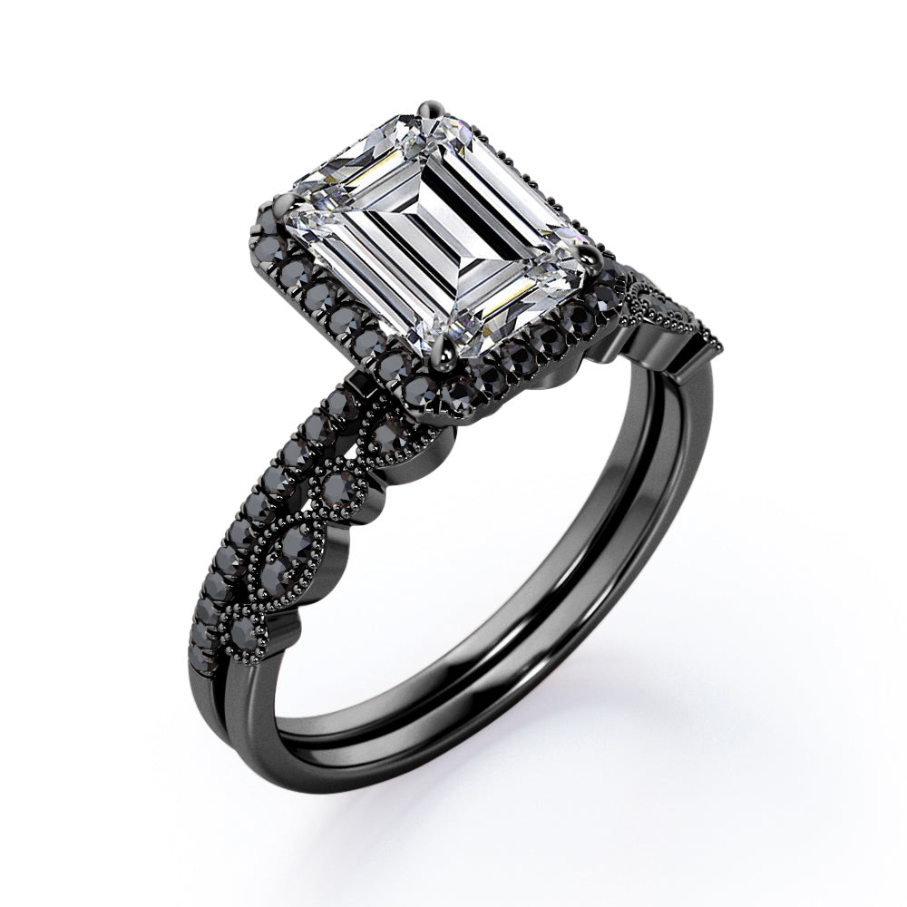 Art Deco Filigree Milgrain 1.65 TCW Emerald Cut Moissanite with Lab Created Black Diamond Halo-Style Wedding Set in Rose Gold