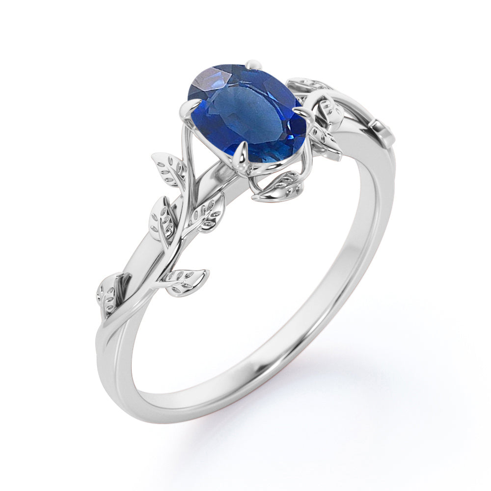 1 carat Oval Cut Lab-created Sapphire Leaf Vine Engagement ring in White Gold