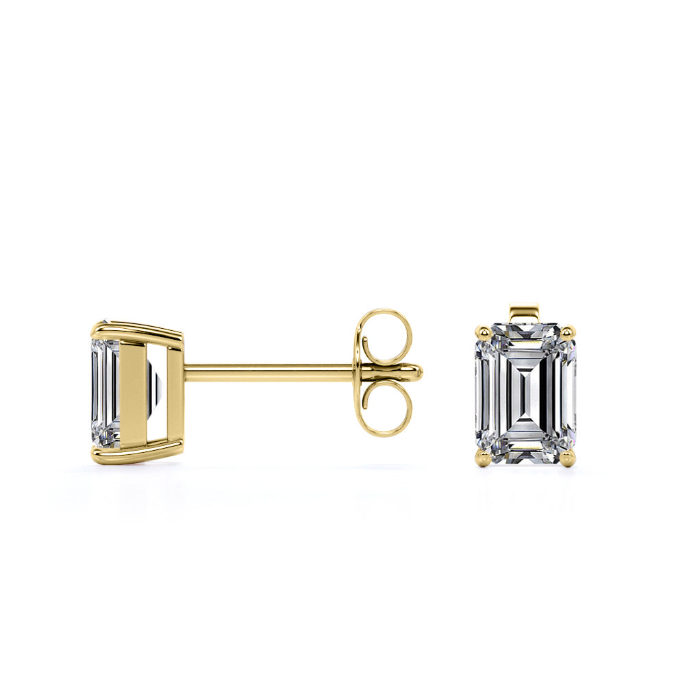 Minimalist 2 Carat Emerald Cut Moissanite Solitaire Stud Earrings In 18K Yellow Gold Plating Over Silver