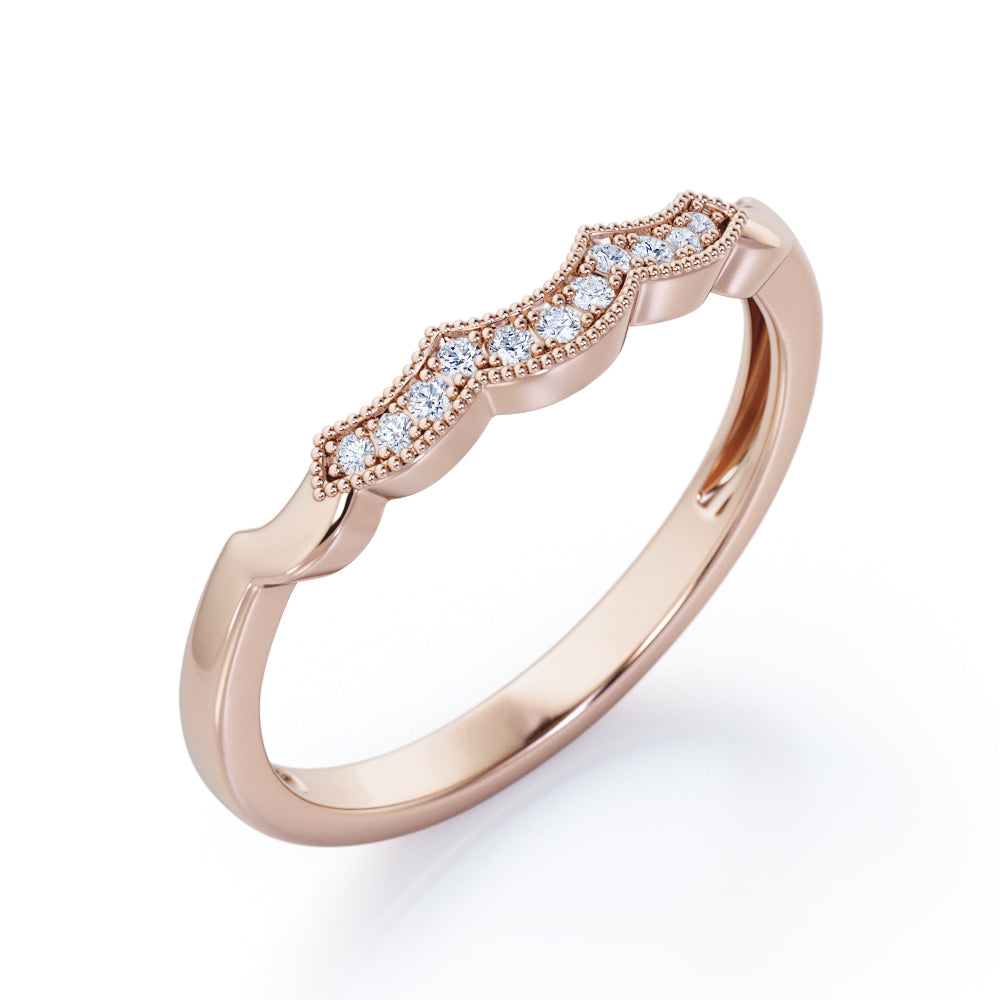 Cloud Curved 0.10 TCW Round Shaped Moissanite Milgrain Pave-Channel Wedding Band in Rose Gold