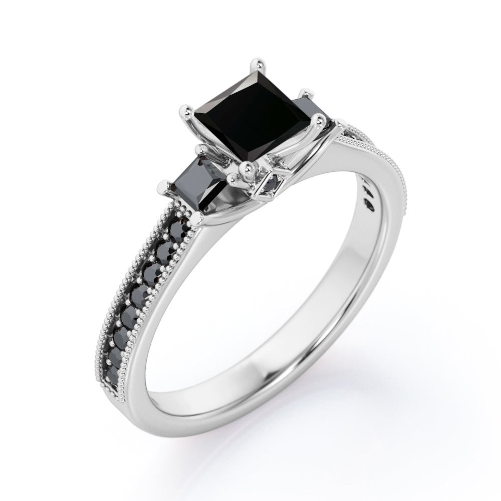 Trilogy Cathedral Prong - 1.4 TCW Princess Cut Lab Created Black Diamond - Milgrain Pave Channel Engagement Ring in White Gold