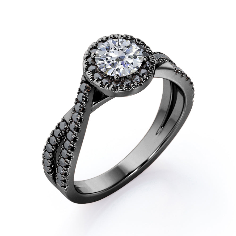 Milgrain Halo - 1.4 TCW Round Cut Moissanite with Lab Created Black Diamond - Infinity Double Strand Engagement Ring in White Gold