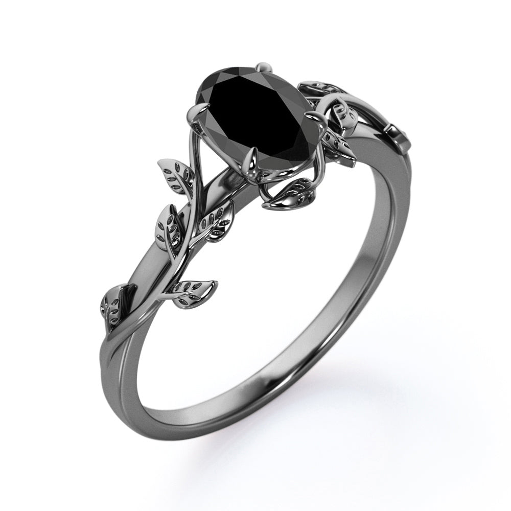 1 carat oval cut Black diamond leaf style engagement ring in white gold