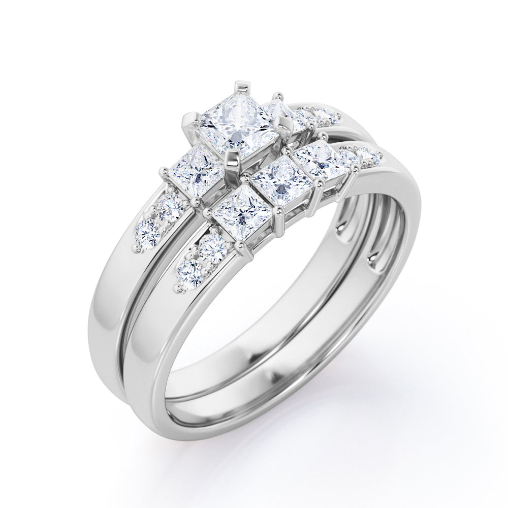 Trilogy Shared-Prong 0.6 TCW Princess Cut Diamond Pave Bridal Ring Set in White Gold