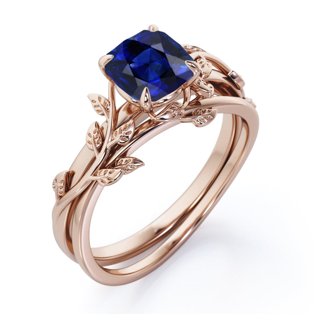 Leaf Branch Design 1 carat Cushion Cut Lab-Created Sapphire  Wedding ring set in White Gold